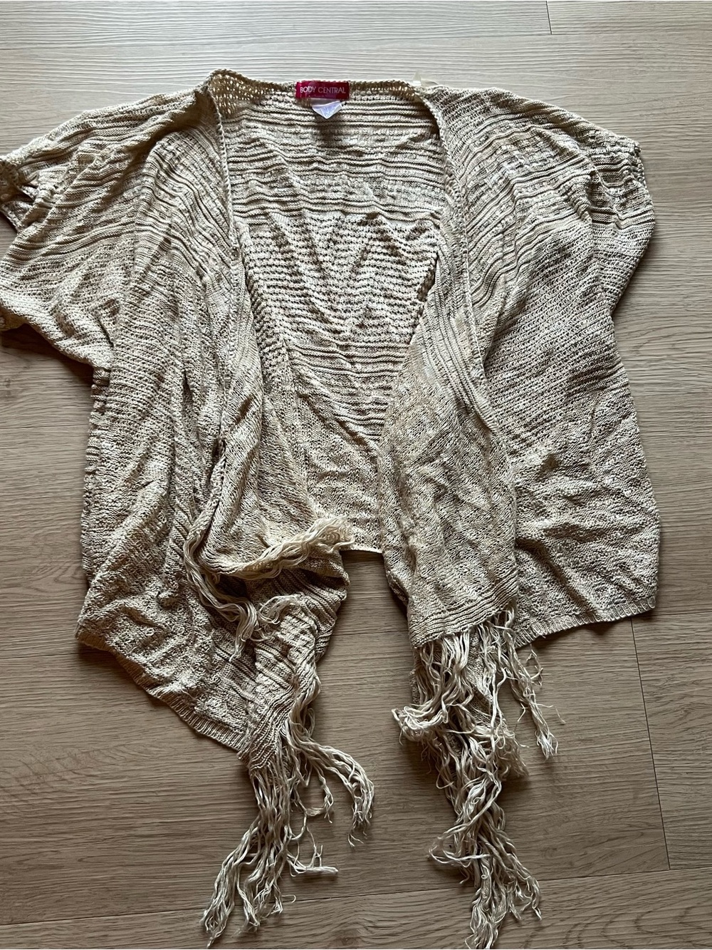 Body Central Cream Knit Open-Front Fringe Throw Cardigan